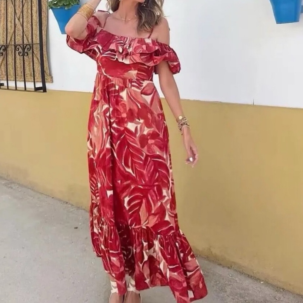 NWT Zara Blogger Fave Maxi Dress Red Ruffle Off Shoulder Summer Wedding Size XS - Picture 9 of 15
